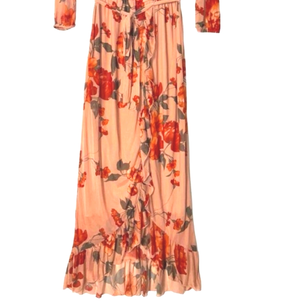 Enfocus Studio Fall Floral Chiffon Maxi Dress Tie Waist Long Sheer Sleeves Sz 6 - Picture 5 of 14